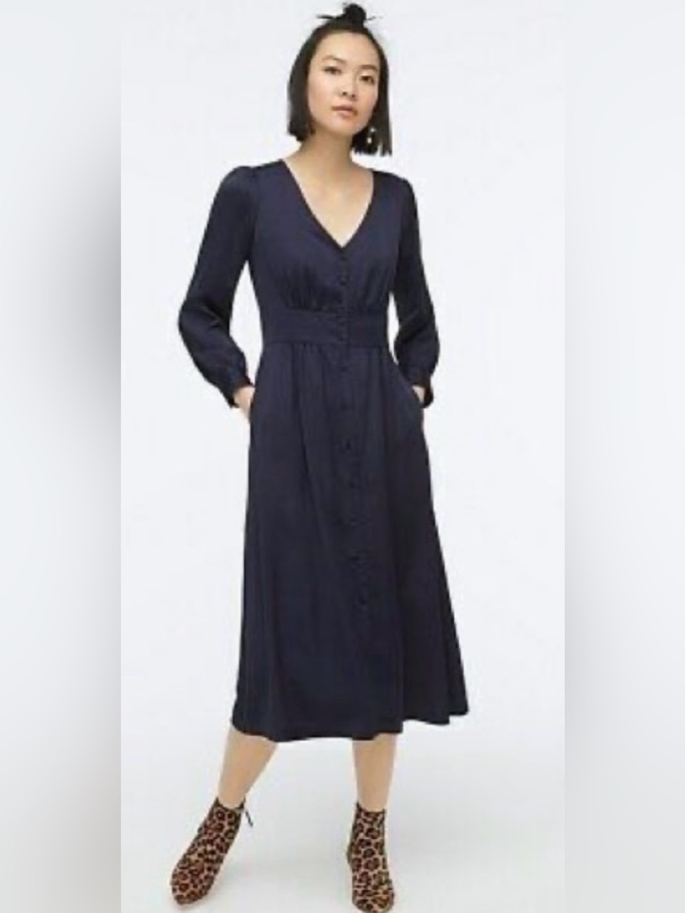 J.Crew Black Satin Midi Dress 8T Tall Button Front Long Sleeve
